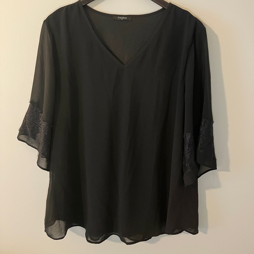VALOLIA Black V-Neck Sheer Chiffon top with Lace Sleeve Details